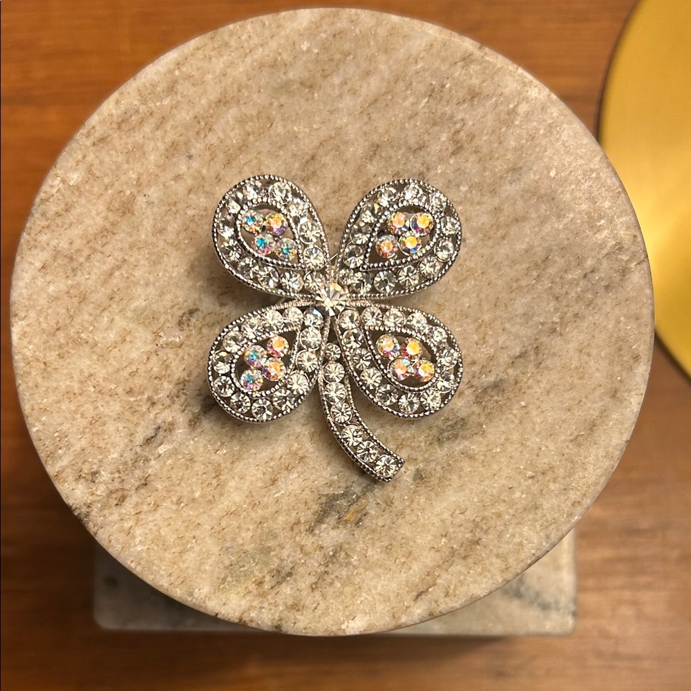 Crystal Clover Brooch Pin - Silver Tone with Aurora Rhinestones